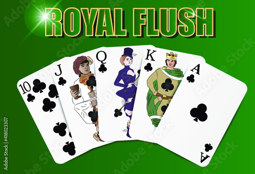 Royal flush combination of cards, suit of clubs, playing on the felt, close-up. Vector for casino apps and websites