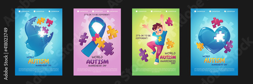 World autism awareness day posters. Vector set of flyers with cartoon illustrations of happy boy, child head, ribbon and heart with puzzle pieces. Support people with mental spectrum disorders