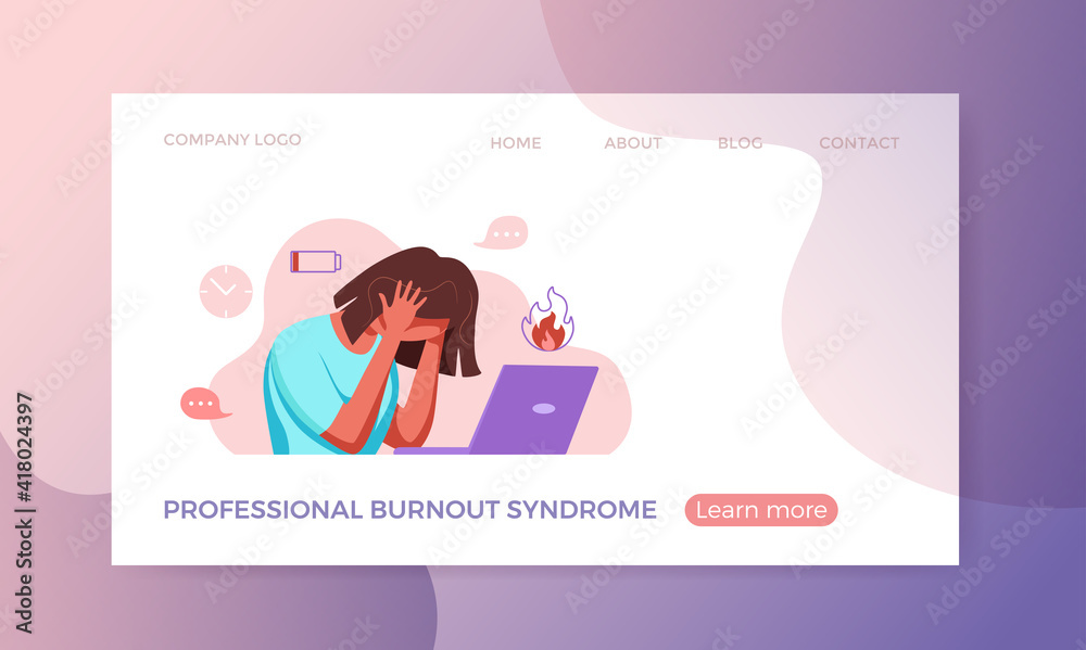 Professional burnout syndrome exhausted woman tired sitting at her workplace in office holding her head
