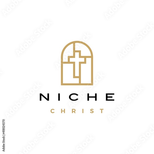 niche christ cross door arch church monoline logo vector icon illustration