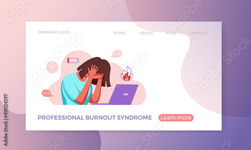 Professional burnout syndrome exhausted woman tired sitting at her workplace in office holding her head