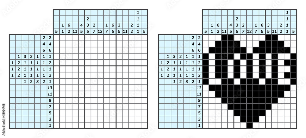 Fototapeta premium Japanese crossword puzzle. Kids and adult mathematical mosaic. Nonogram. Logic puzzle game. Digital rebus. Vector illustration