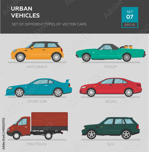 Urban vehicles. Set of different types of vector cars: sedan, hatchback, pickup, sport car, suv, truck. Cartoon flat illustration, auto for graphic and web design.