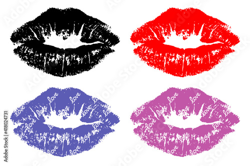 Lips kiss close up white background. A set of lip prints from lipstick on a kiss. Collection of lipstick prints. Vector illustration