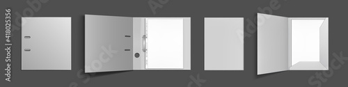 Binder folder with files in plastic punched pockets and ringbinder top view mockup. Closed and open portfolio with blank sheets for documents isolated on grey background. Realistic 3d vector mock up