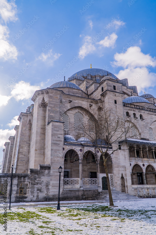 Side view of Suleymaniye Mosque in Fatih, Istanbul, Turkey