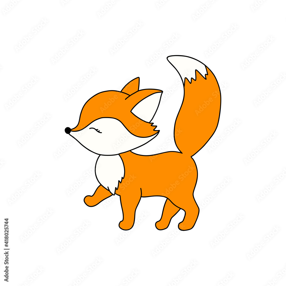 Obraz premium Cute orange fox walking. Animal of the forest. Flat outline childish vector illustration.
