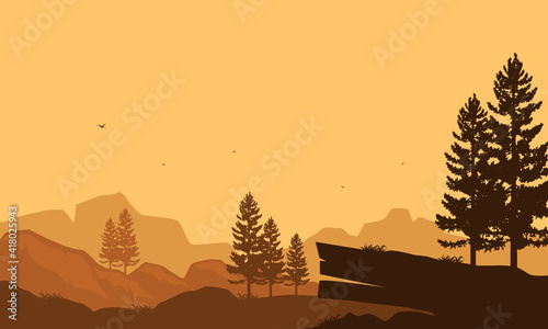 The extraordinary color of the twilight sky with beautiful natural scenery silhouettes. Vector illustration