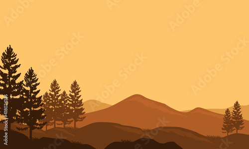 Beautiful scenery in the afternoon at sundown with mountains and cypress trees. Vector illustration