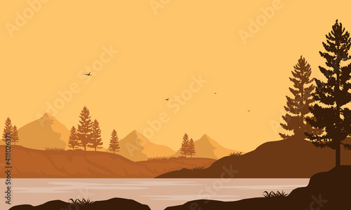 Sunny afternoon with beautiful mountain views from the riverside. Vector illustration