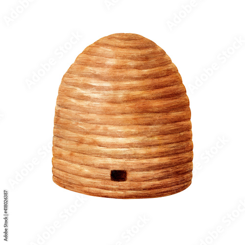 Beehive. Watercolor illustration isolated on white background.