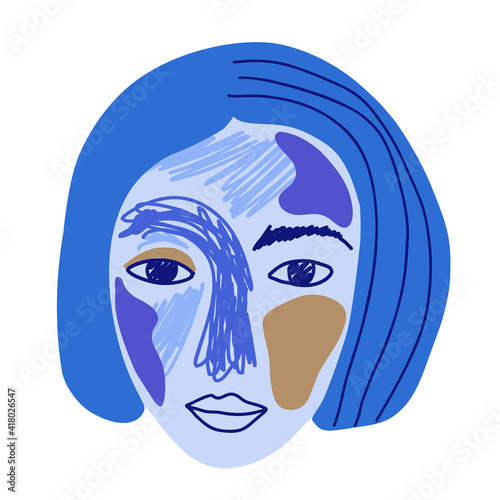 Abstract portrait of a woman in modern style in blue color. Surrealism face. Hand drawn vector illustration for contemporary design.