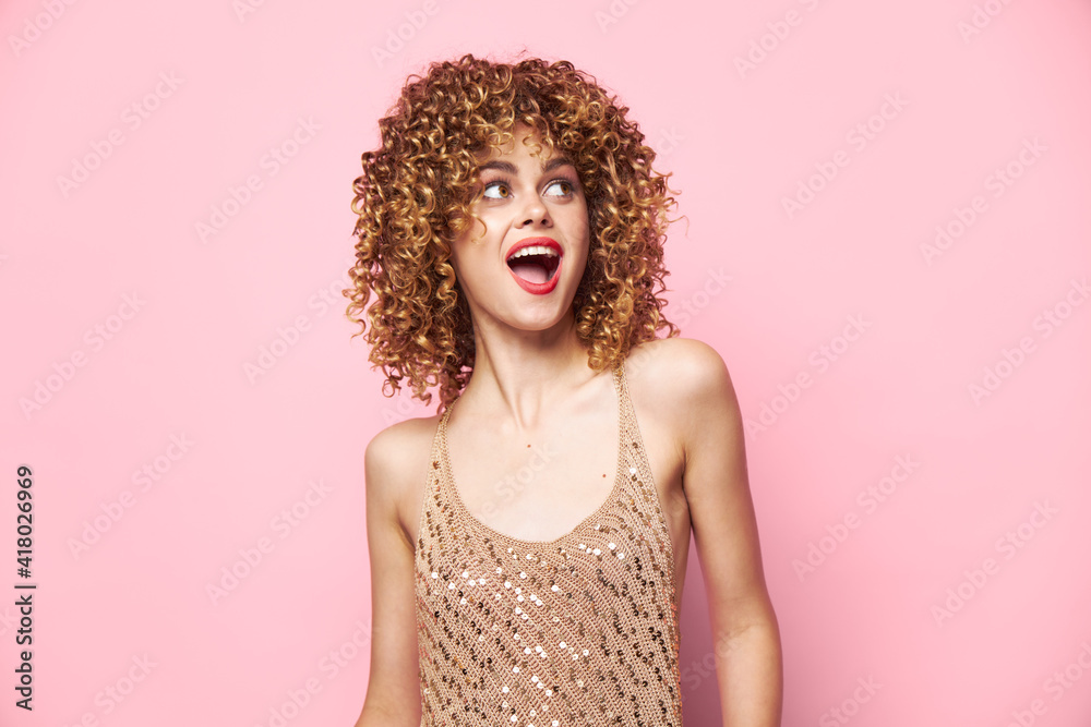 Charming model Curly hair makeup dress with sequins fashionable clothes Charming model Curly hair makeup dress with sequins fashionable clothes