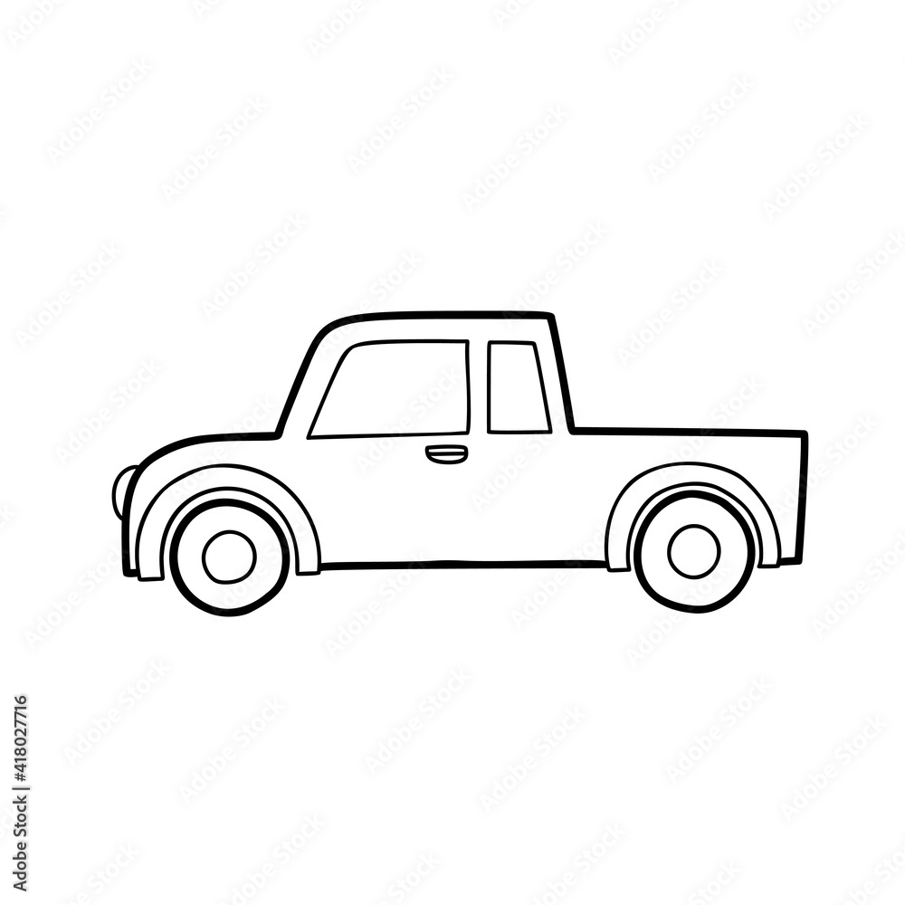 Christmas cartoon car, pickup. Doodle line icon. Abstract hand drawn outline vector illustration.