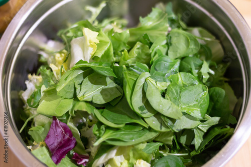 Green leaves for salad in a metal plate