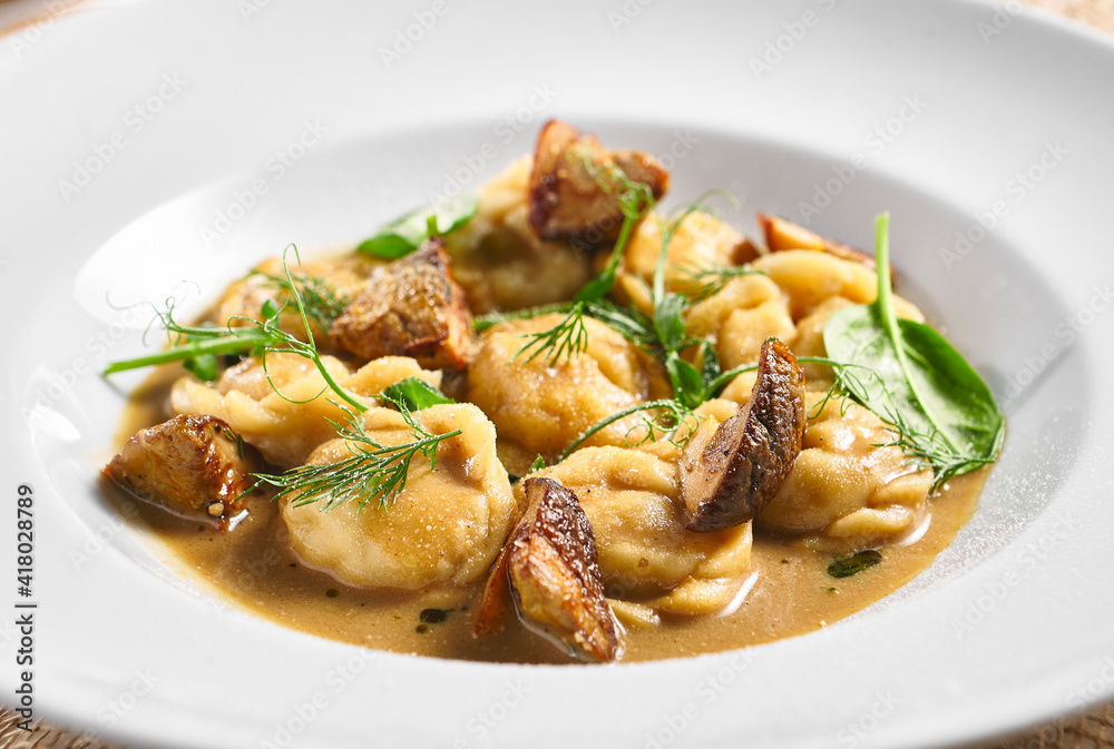 Dumplings Food Restaurant Plate. Dumplings With Creamy Porcini Sauce. White restaurant plate on white table. Rustic restaurant food concept. Dumplings Food Restaurant Plate. Dumplings With Creamy Porcini Sauce. White restaurant plate on white table. Rustic restaurant food concept.