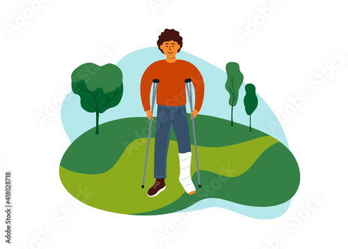 Young man with broken leg walking on nature park. Disabled guy with crutches enjoying life. Outdoor leisure with physical disability. Health care, positive attitude, rehabilitation vector illustration