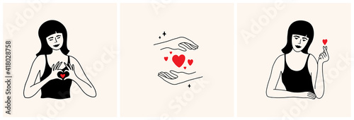 Set of vector illustrations with beautiful women showing love sign by hands. Self care, share love, body positive, acceptance. Female palms hold red hearts shapes. Smiling lady making fingers gesture