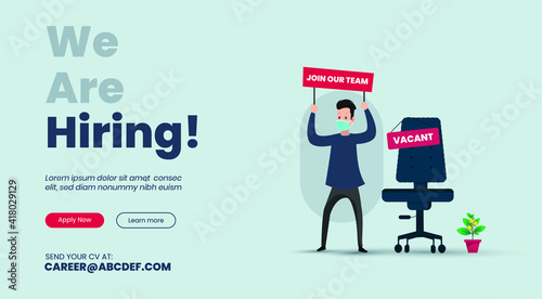 we are hiring. we are hiring join our team announcement banner, vacant sign on office chair. a boy wearing mask holding board with join our team text. Business recruiting concept. Vector illustration.