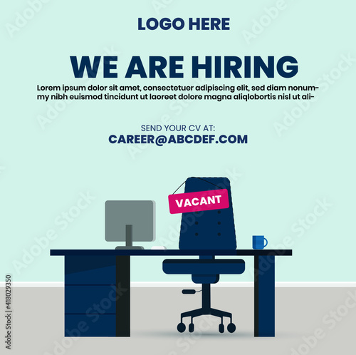 we are hiring. we are hiring join our team announcement banner, vacant sign on empty office chair. We're Hiring with empty office workplace ready to be occupied by employee.  