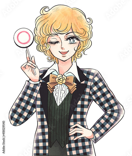 Foto 昭和の少年愛漫画風・マル札を持つ笑顔の美少年
