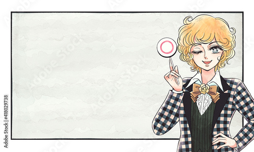 Vászonkép 昭和の少年愛漫画風・マル札を持つ笑顔の美少年・ホワイトボード背景