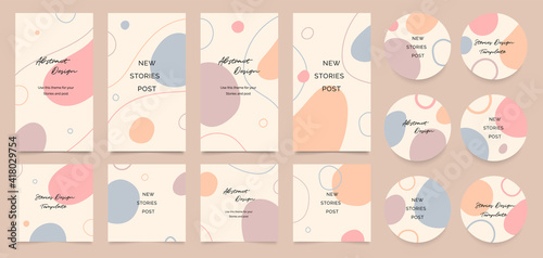 Fototapeta Naklejka Na Ścianę i Meble -  Social story templates and highlights covers vector set. Social media background design with floral and hand drawn organic shapes textures. Abstract minimal trendy style wallpaper. 