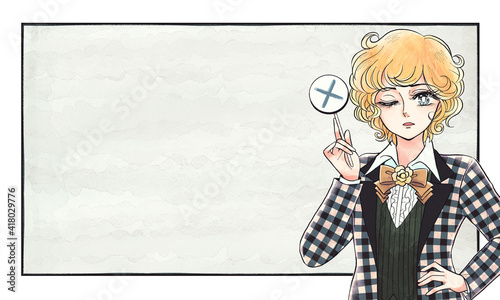 Bilde på lerret 昭和の少年愛漫画風・バツ札を持つあきれ顔の美少年・ホワイトボード背景