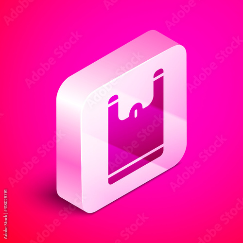 Isometric Plastic bag icon isolated on pink background. Disposable cellophane and polythene package prohibition sign. Silver square button. Vector.