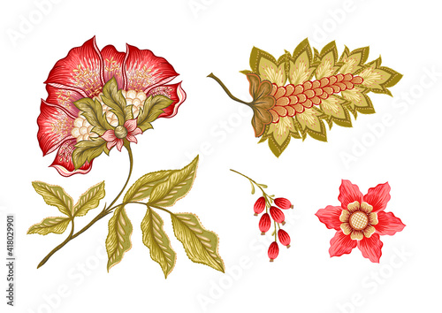 Fantasy flowers in retro, vintage, jacobean embroidery style. Embroidery imitation isolated on white background. Vector illustration. Set of elements for design, clip art.