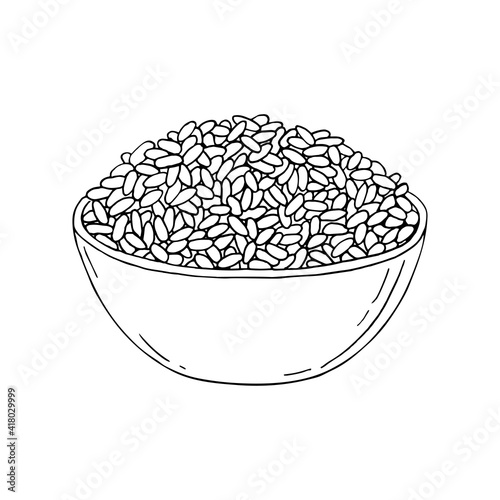 Rice. Cereal grain in plate, bowl. Hand drawn vector sketch illustration.