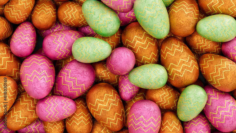 Multicolored, foil wrapped Easter Egg background. Beautiful Easter Wallpaper with, patterned Pink, Green and Orange Eggs. 3D Render Multicolored, foil wrapped Easter Egg background. Beautiful Easter Wallpaper with, patterned Pink, Green and Orange Eggs. 3D Render