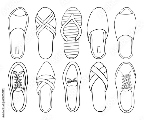Set of shoes. .Hand draw doodle outline sketch. Vector illustration.