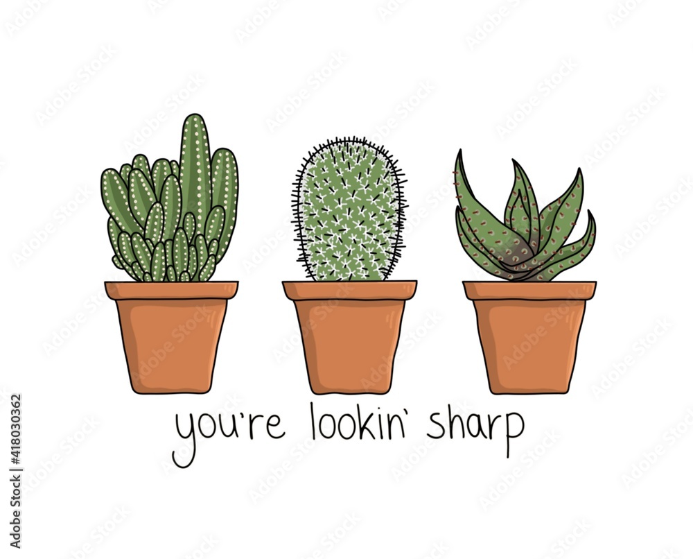 A Trio of Cacti- Cactus Illustration with pun quote A Trio of Cacti- Cactus Illustration with pun quote