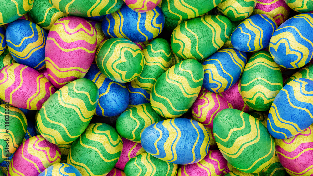 Multicolored, foil wrapped Easter Egg background. Beautiful Easter Wallpaper with, patterned Pink, Blue and Green Eggs. 3D Render Multicolored, foil wrapped Easter Egg background. Beautiful Easter Wallpaper with, patterned Pink, Blue and Green Eggs. 3D Render