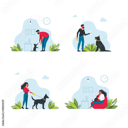 Set Pet owners template. Happy people playing with their domestic animals scenes set. Young people Spend Time at Home. Characters Walking Dogs, Relaxing with Cats. Vector illustration