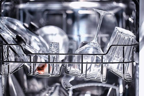 dishes in an open dishwasher, home style lifestyle, cleanliness and convenience background photo