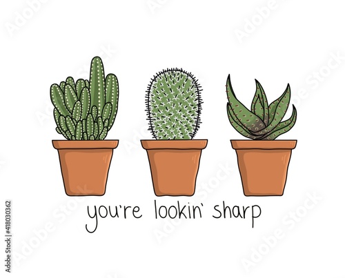A Trio of Cacti- Cactus Illustration with pun quote