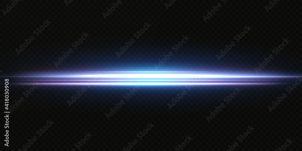 Blue horizontal lens flares pack. Laser beams, horizontal light rays.Beautiful light flares. Glowing streaks on dark background.  Collection effect light blue line png.