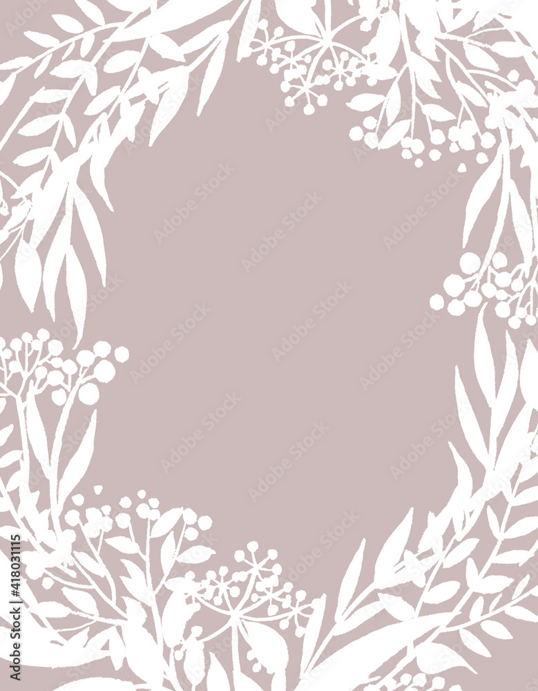 Obraz premium Floristic card flowers and twigs. Hand drawn illustration. White painting of flowers and twigs on beige background.