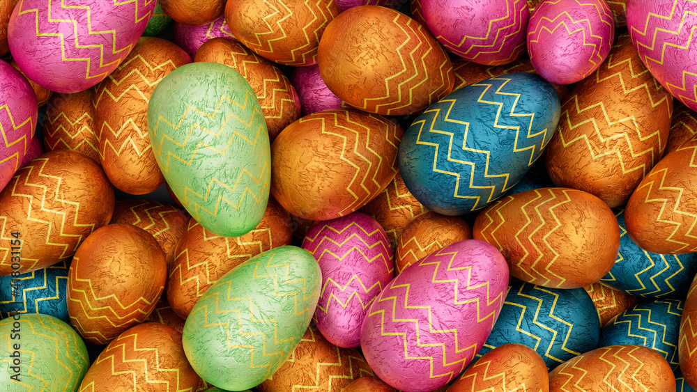 Multicolored, foil wrapped Easter Egg background. Beautiful Easter Wallpaper with, patterned Pink, Green and Orange Eggs. 3D Render Multicolored, foil wrapped Easter Egg background. Beautiful Easter Wallpaper with, patterned Pink, Green and Orange Eggs. 3D Render