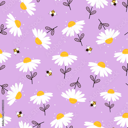 Seamless pattern with daisy flower and flying bee cartoons on purple background vector illustration.