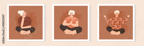 Senior mature lady doing yoga. Middle age woman in lotus pose. Happy elderly women doing exercises. Doing yoga together. Healthy lifestyle concept. Flat vector cartoon illustration