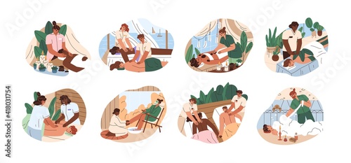 Set of people on couches during massages, beauty procedures, body wraps and treatments. Happy men and women in SPA wellness salon. Colored flat vector illustration isolated on white background