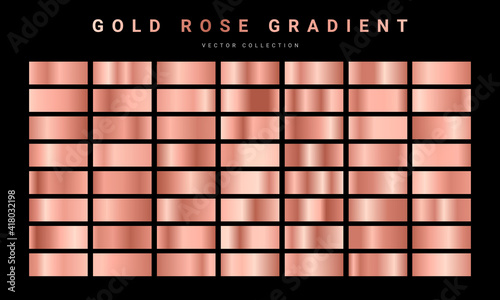 Set of gold rose foil texture. Collection of pink postel gradients isolated on black background. Vector illustration