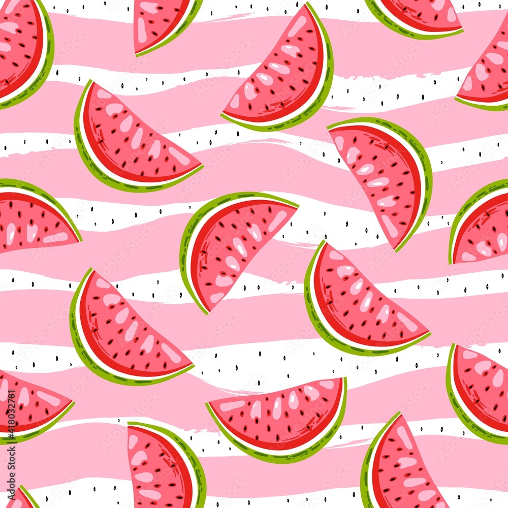 Sweet watermelon on stripes background with black seed. Summer seamless pattern. Bright print for fabric.