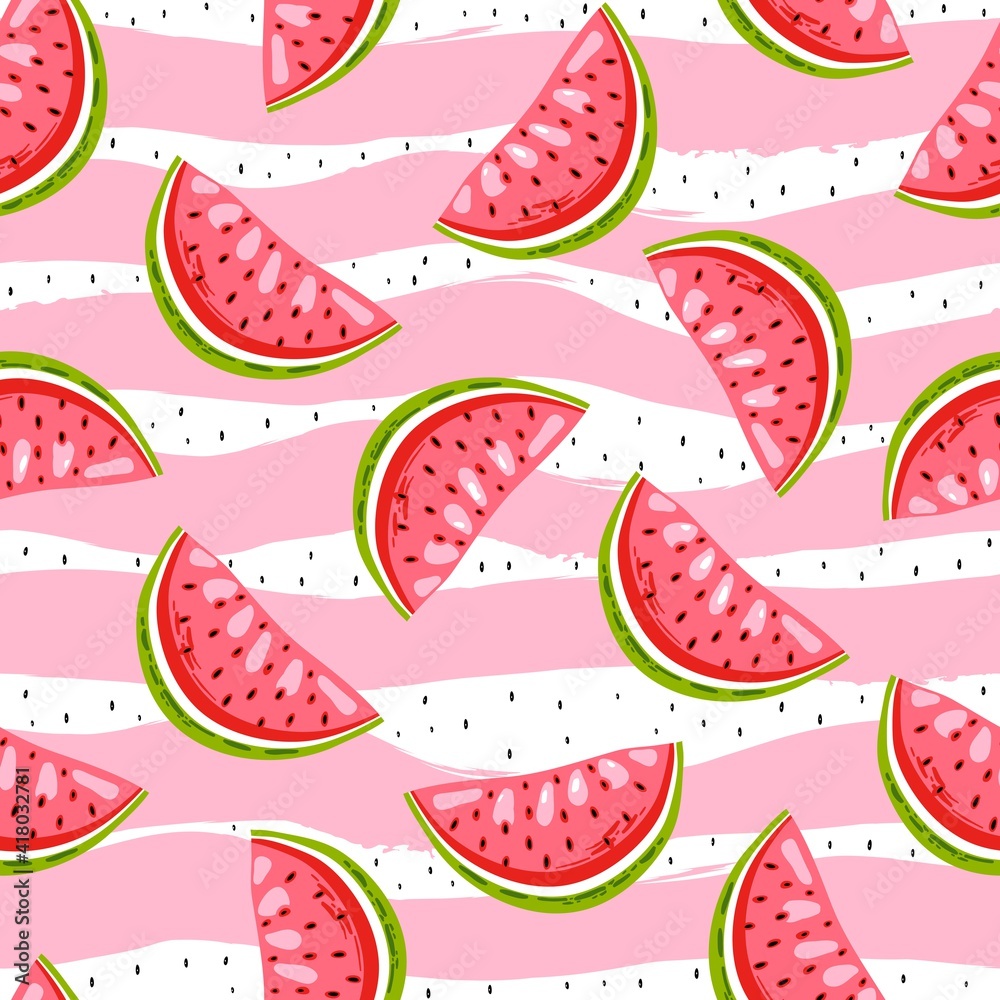 Sweet watermelon on stripes background with black seed. Summer seamless pattern. Bright print for fabric. Sweet watermelon on stripes background with black seed. Summer seamless pattern. Bright print for fabric.