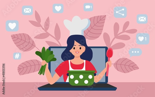 Woman chef cooking food. Cooking video blog on monitor display. Video tutorial. Flat Vector illustration.