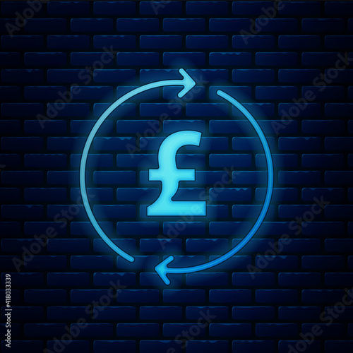 Glowing neon Coin money with pound sterling symbol icon isolated on brick wall background. Banking currency sign. Cash symbol. Vector.