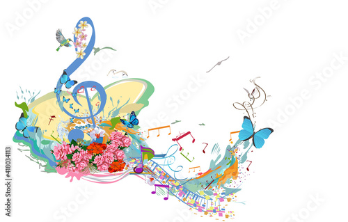 Abstract nature treble clef decorated with summer and spring flowers, notes, birds. Light and relax music. Hand drawn vector illustration.